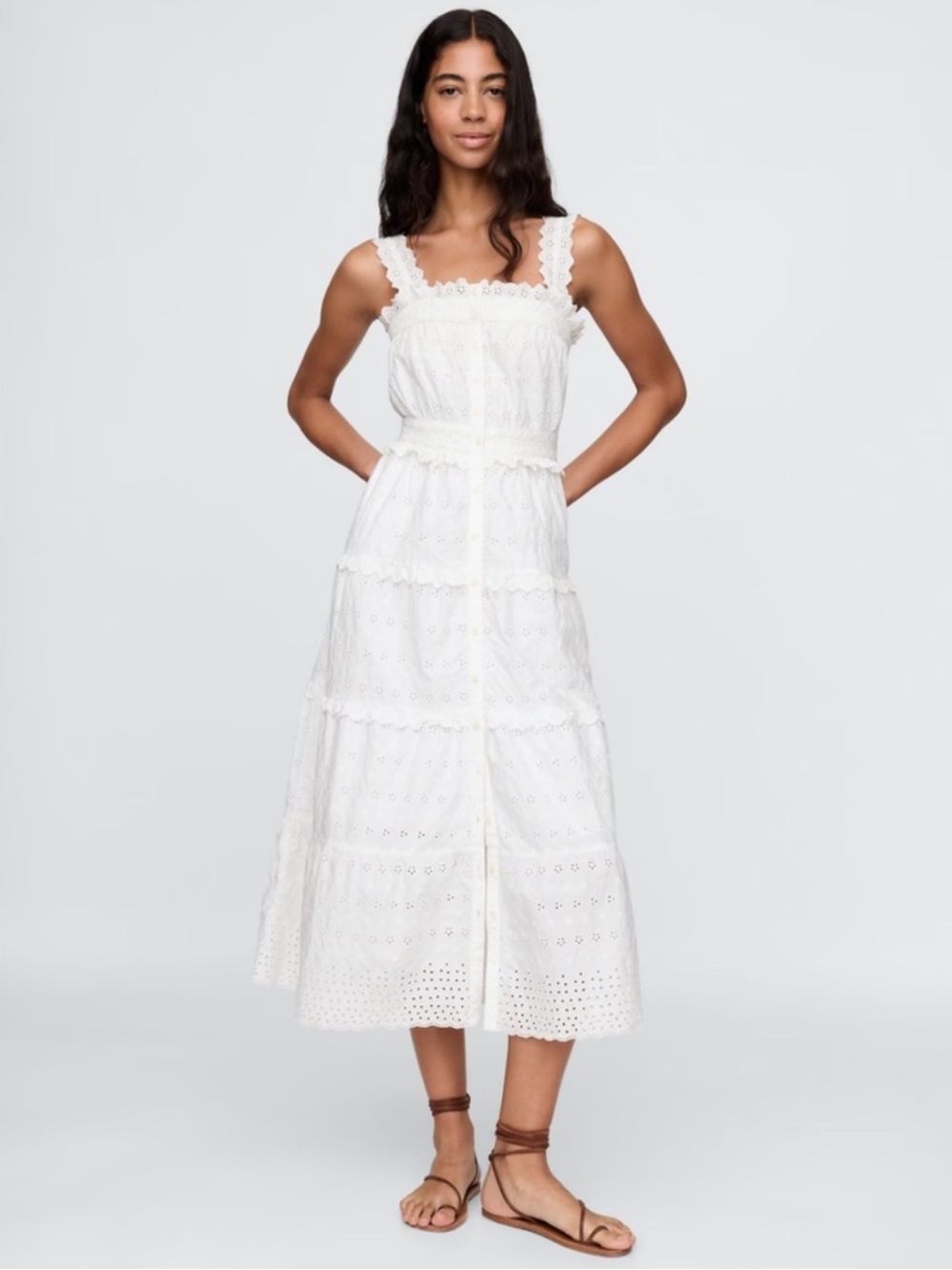 NWT GAP x Doen White Eyelet Midi Dress with Scalloped Straps Size Large